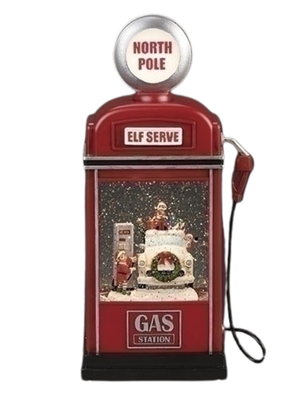 11.5"H LIGHTED SWIRL ELF SERVE GAS PUMP SANTA