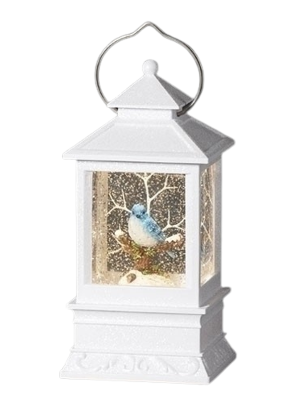 8"H LIGHTED SWIRL BLUEBIRD WHITE LANTERN