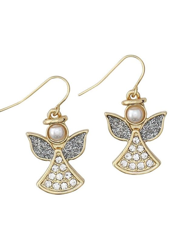 Silver & Gold Crystal Angel with Pearl Earrings