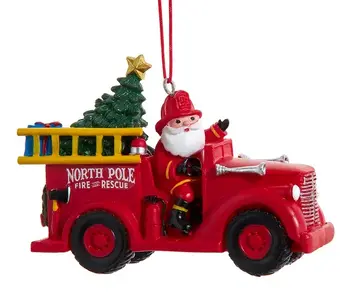Santa In Firetruck Ornament