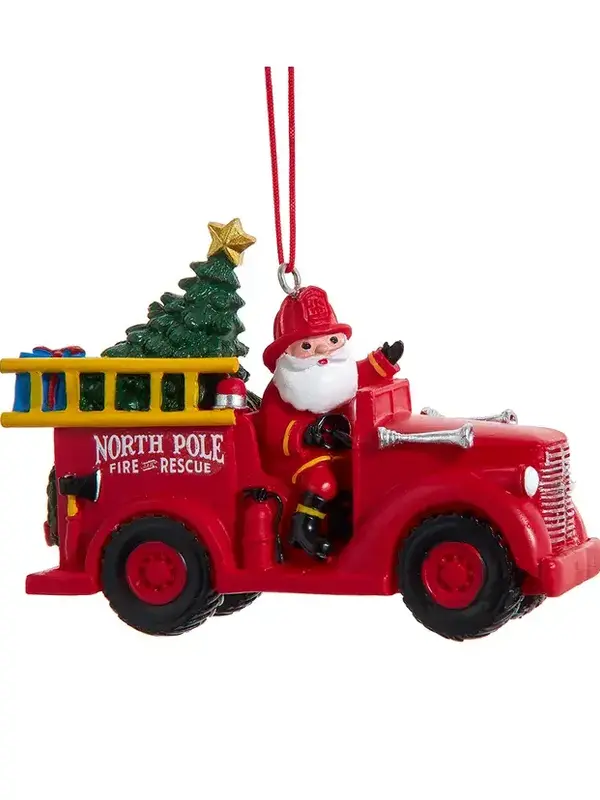 Santa In Firetruck Ornament