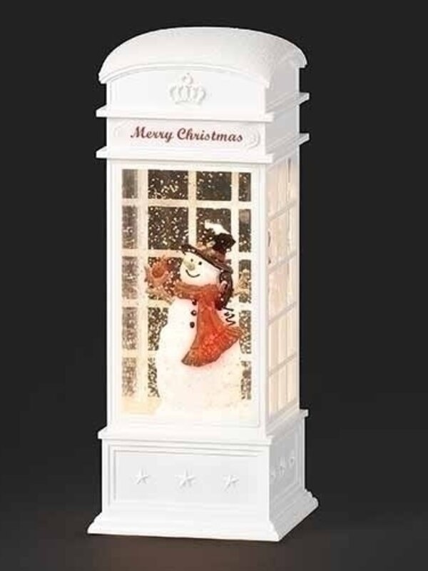 8"H LED SWIRL WHITE PHONEBOOTH W/SNOWMAN &HOLLY