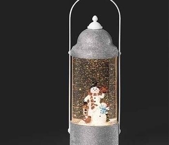 10"H LED SWIRL LANTERN;SNOWMAN W/TOP HAT & HOLLY