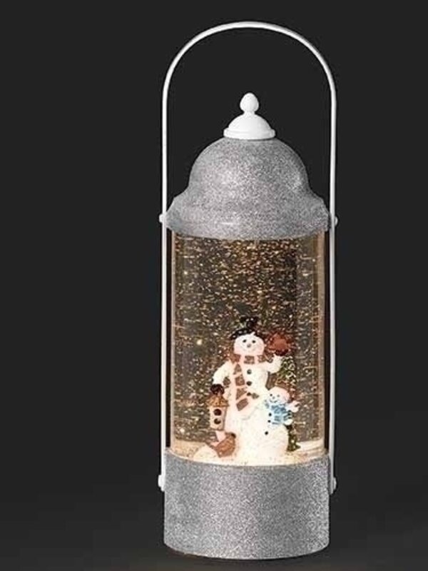 10"H LED SWIRL LANTERN;SNOWMAN W/TOP HAT & HOLLY