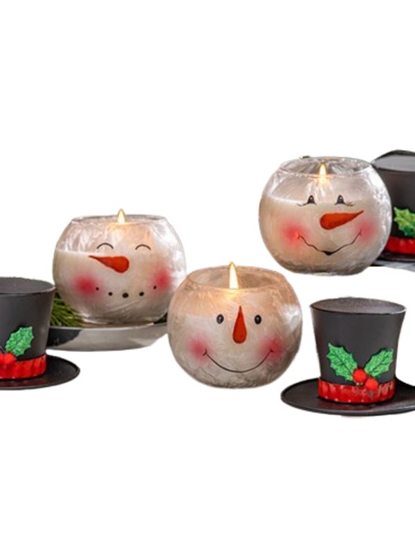 Glass Snowman w/ Metal Hat & Wax Candle
