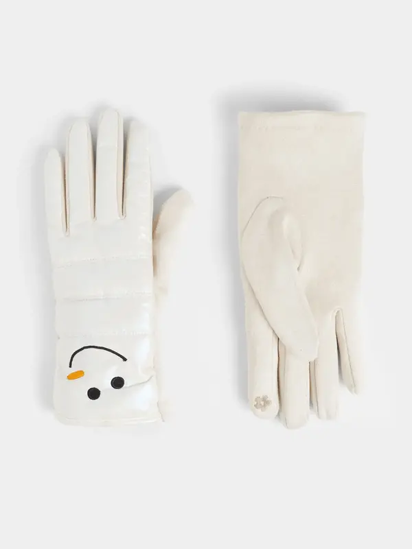 Snowman Puffer Touchscreen Gloves - Iridescent White