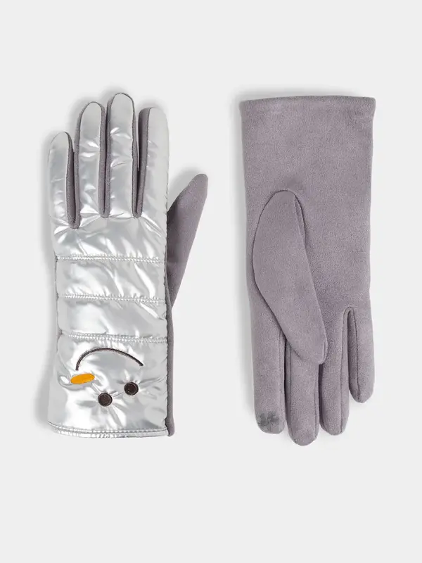 Snowman Puffer Touchscreen Gloves - Silver