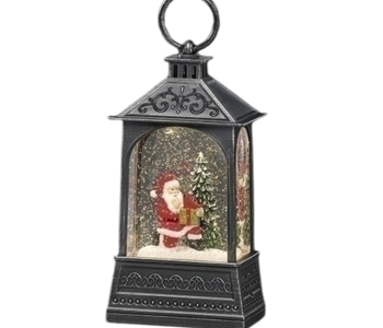 8"H LIGHTED SWIRL SANTA W/CARDINAL; BLACK