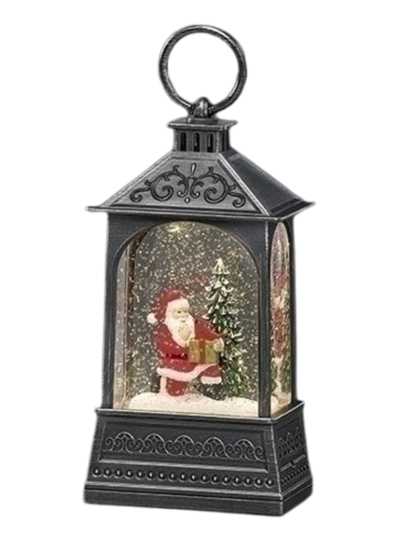 8"H LIGHTED SWIRL SANTA W/CARDINAL; BLACK