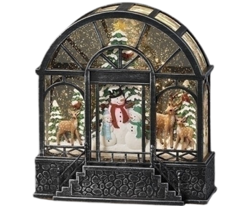 8.5"H LIGHTED SWIRL GREENHOUSE WITH WOODLAND SNOWMAN