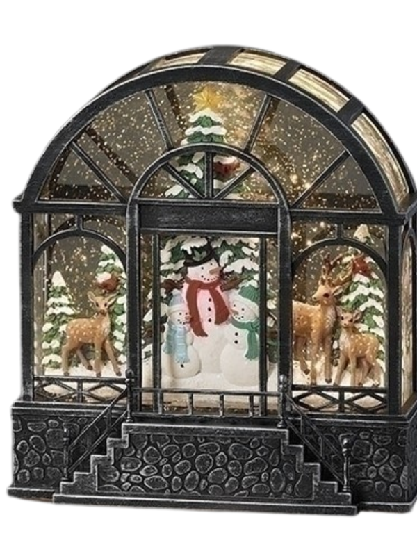 8.5"H LIGHTED SWIRL GREENHOUSE WITH WOODLAND SNOWMAN