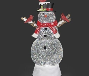 12"H LIGHTED SWIRL SNOWMAN WITH CARDINALS