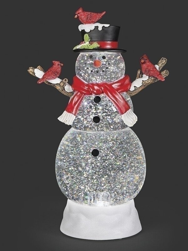 12"H LIGHTED SWIRL SNOWMAN WITH CARDINALS