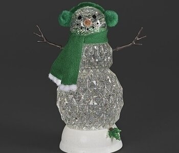 11"H LIGHTED SWIRL SNOWMAN WITH GREEN SCARF