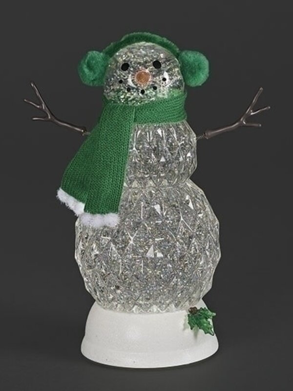 11"H LIGHTED SWIRL SNOWMAN WITH GREEN SCARF
