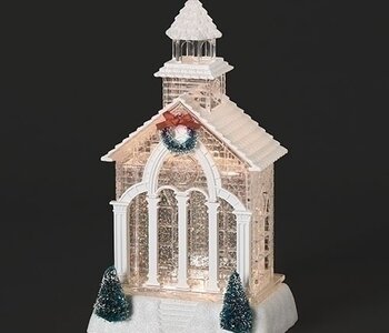 11.5"H LIGHTED SWIRL CHURCH WITH GREEN TREE AND WREATH