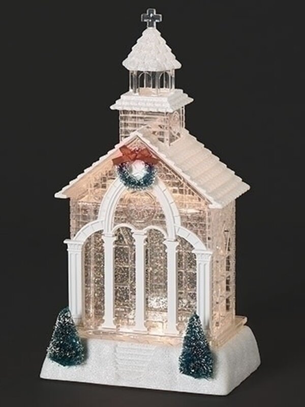11.5"H LIGHTED SWIRL CHURCH WITH GREEN TREE AND WREATH