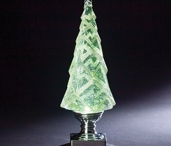 14"H LIGHTED SWIRL TREE WITH  SILVER BASE, WHITE GLITTER