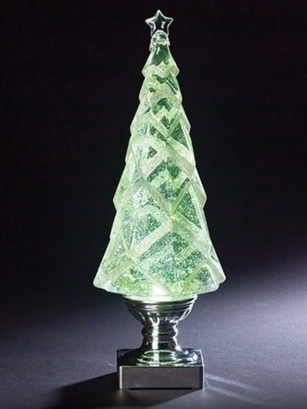 14"H LIGHTED SWIRL TREE WITH  SILVER BASE, WHITE GLITTER