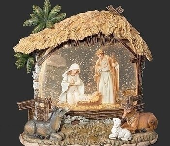 8"H LIGHTED SWIRL HOLY FAMILY STABLE WITH ANIMALS