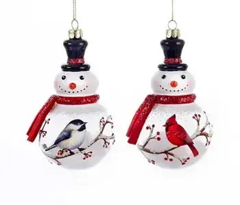 Winter Snowman and Bird Glass Ornament
