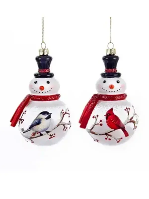 Winter Snowman and Bird Glass Ornament