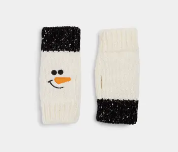 Marled Snowman Knit Fingerless Gloves - Winter White