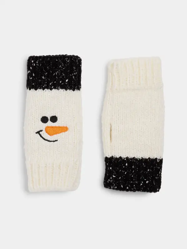 Marled Snowman Knit Fingerless Gloves - Winter White