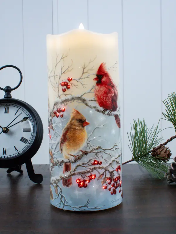 WINTER CARDINALS FIBER OPTIC CANDLE