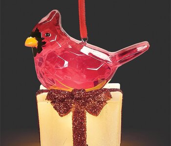 2.7"H Lighted Cardinal On Frosted Present Ornament
