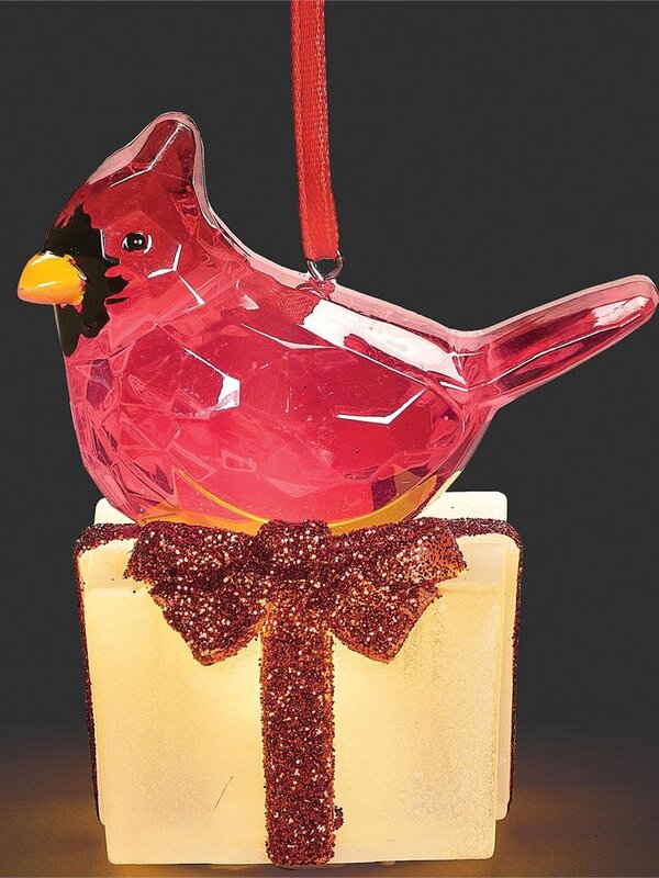 2.7"H Lighted Cardinal On Frosted Present Ornament