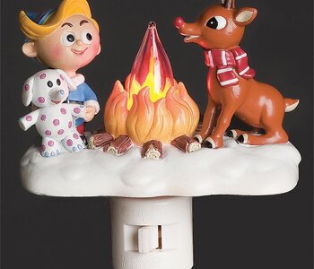 4.25"H Rudolph & Hermey by a Flickering Flame Campfire Night-Light