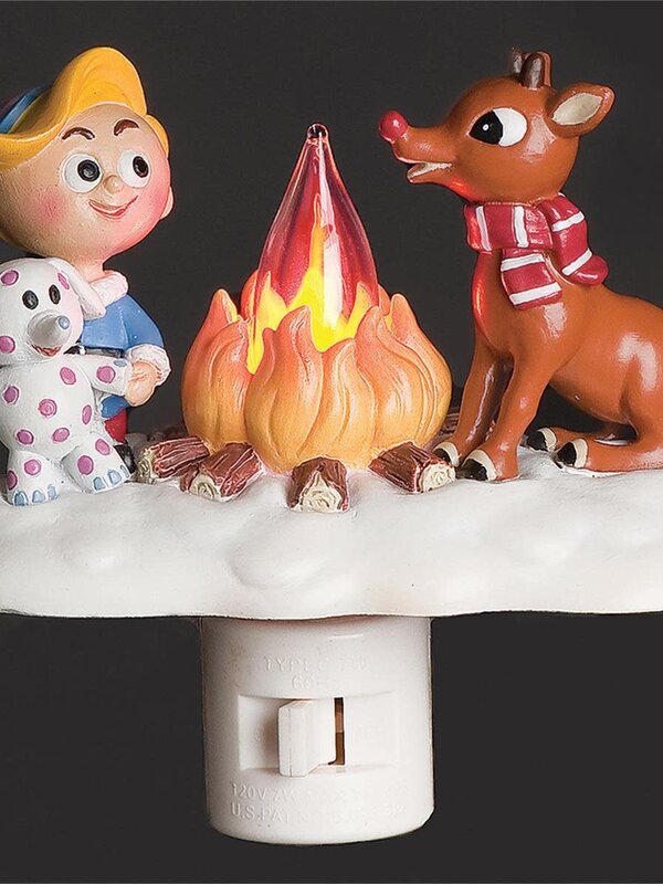 4.25"H Rudolph & Hermey by a Flickering Flame Campfire Night-Light