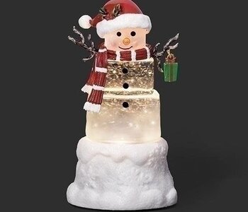 6.75"H LIGHTED SWIRL SNOWMAN MINI WITH PRESENT; SNOW BASE