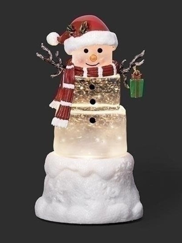 6.75"H LIGHTED SWIRL SNOWMAN MINI WITH PRESENT; SNOW BASE