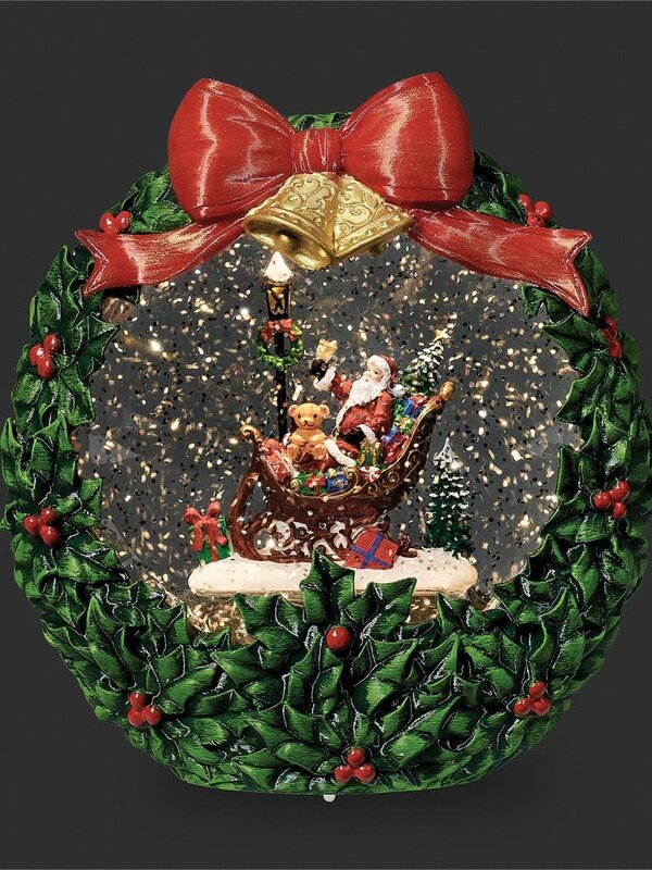 7.5"H Lighted Swirl Wreath with Santa in Sleigh