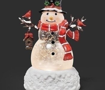 5.75"H LIGHTED SWIRL SNOWMAN MINI WITH BIRD HOUSE;SNOW BASE