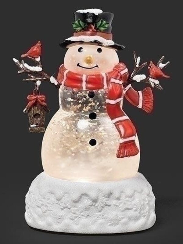 5.75"H LIGHTED SWIRL SNOWMAN MINI WITH BIRD HOUSE;SNOW BASE