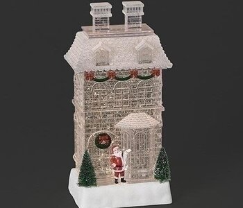 11"H LIGHTED SWIRL CLEAR HOUSE TWO STORY; SANTA CHECKING LIST