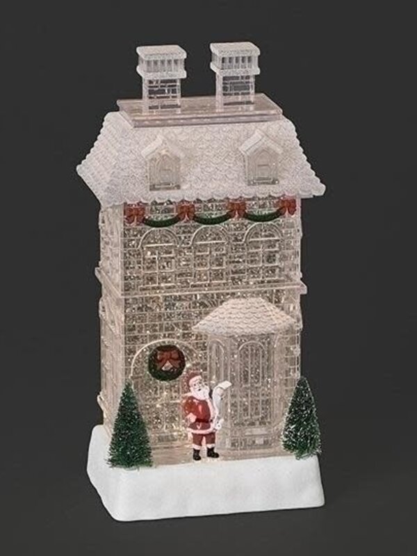 11"H LIGHTED SWIRL CLEAR HOUSE TWO STORY; SANTA CHECKING LIST