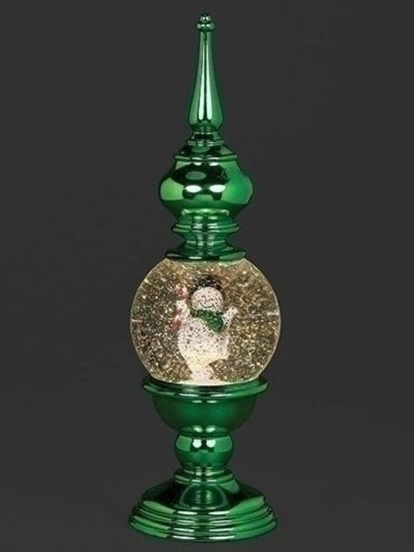 16"H LIGHTED SWIRL FINIAL GREEN WITH ROTATING SNOWMAN