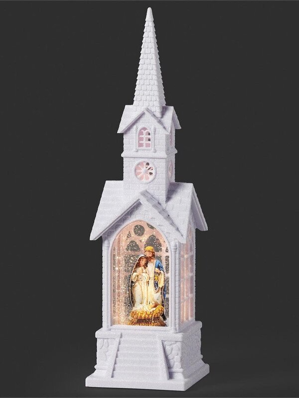 15"H Lighted Swirl Holy Family in White Church