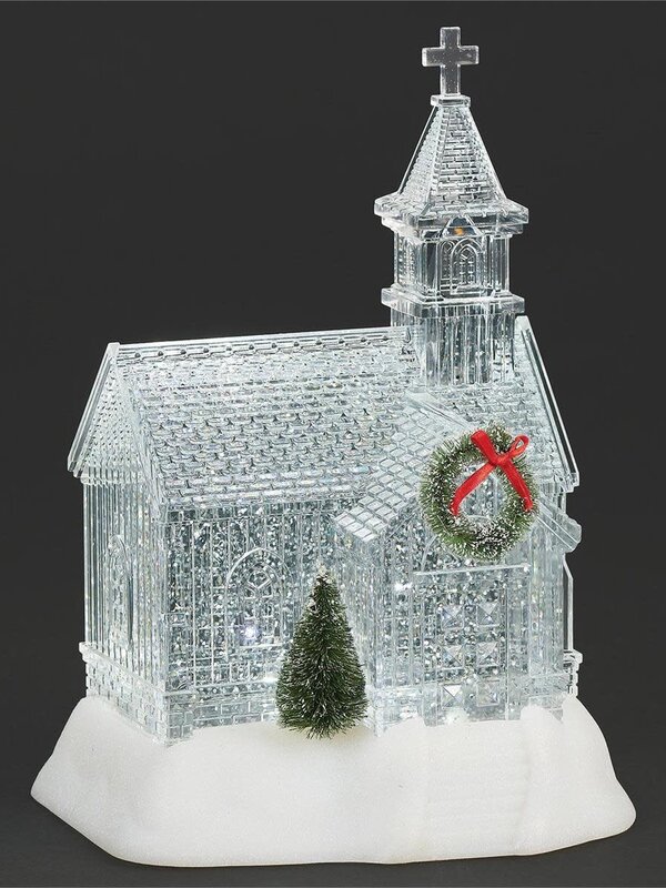 9"H Lighted Swirl Clear Church with Wreath