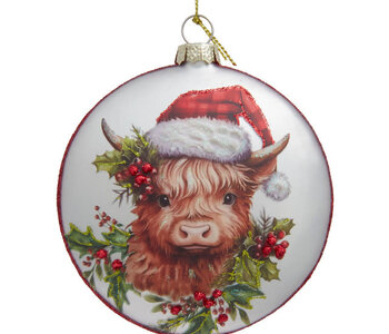 Glass Highland Cow With Santa Hat Disc Ornament