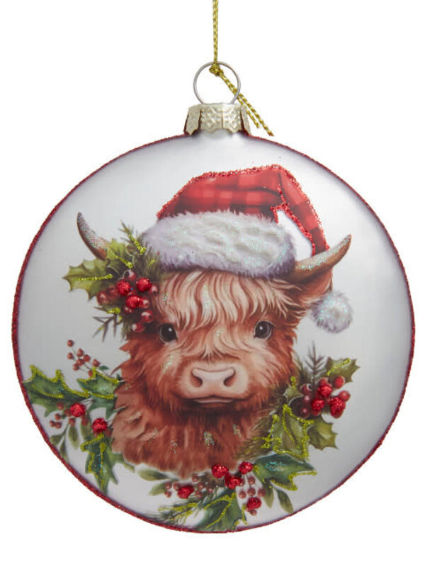 Glass Highland Cow With Santa Hat Disc Ornament