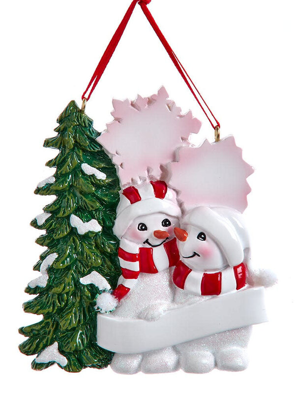 Snowman Family Of 2 With Snowy Christmas Tree & Snowflakes Ornament