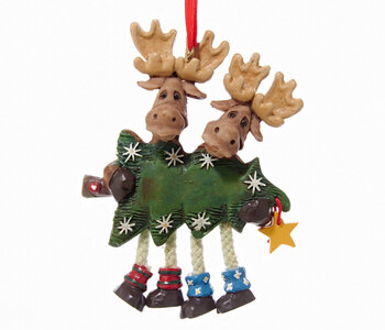 Moose Couple Carrying A Christmas Tree Ornament