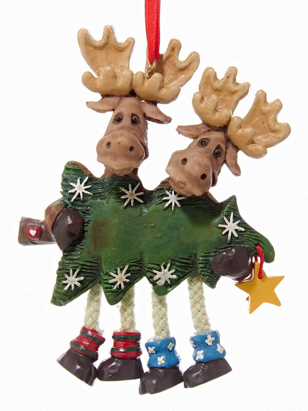 Moose Couple Carrying A Christmas Tree Ornament