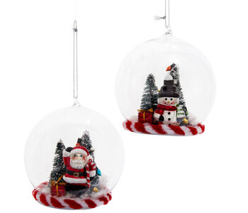 Glass Candy Cane Santa & Snowman With Tree Inside View Ornaments
