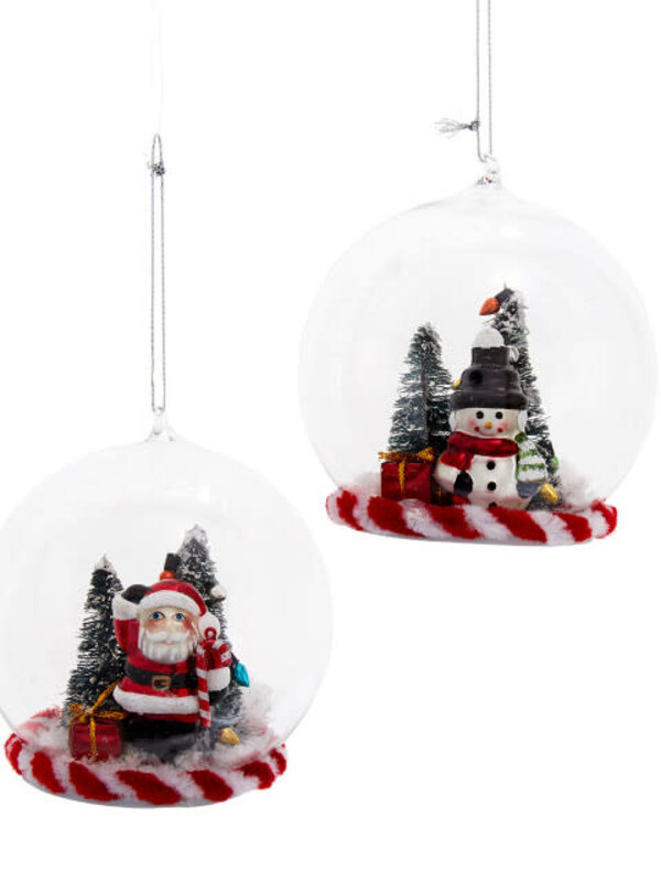 Glass Candy Cane Santa & Snowman With Tree Inside View Ornaments